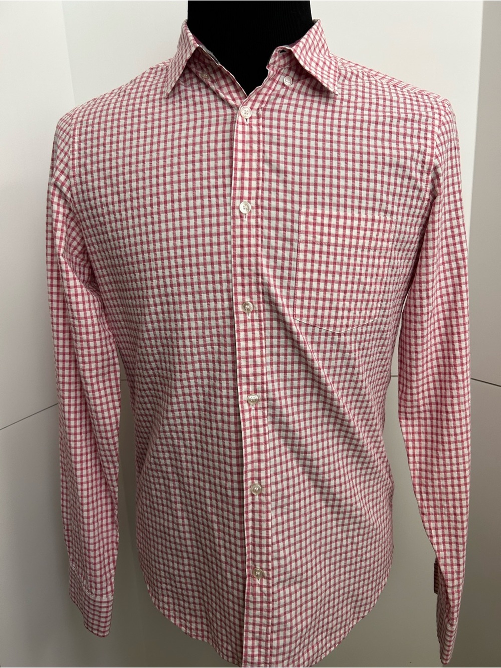 Burberry Red and White Checked Long-Sleeve Dress Shirt Seersucker
